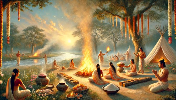 Group of people practicing yoga outdoors, illustrating mindful living in Vedic Shishtachar