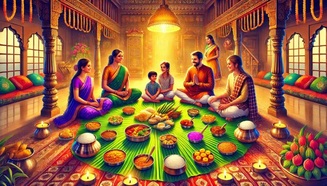 A traditional Indian family sharing a meal, reflecting hospitality and Vedic Shishtachar