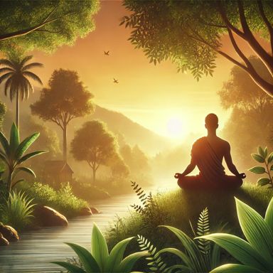 Serene sunrise with a meditating sage near a tranquil river, symbolizing Vedic Shishtachar