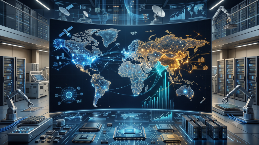 Global AI race between the USA, China and India shown through AI infrastructure, data centers, semiconductors and digital networks