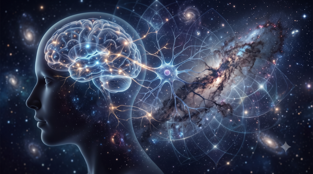 Consciousness as a fundamental property of the universe concept combining the human brain, neuroscience, stars and cosmic structures
