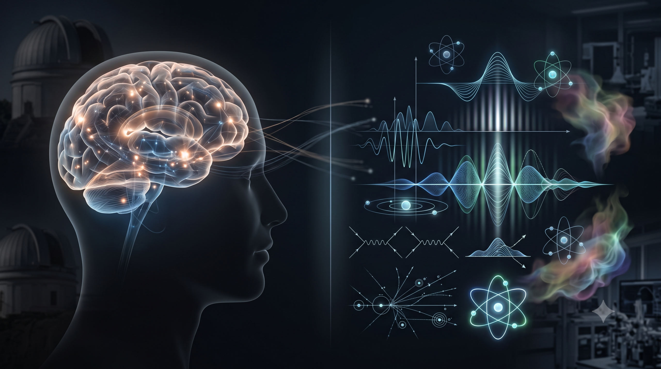 Quantum physics and consciousness concept showing a human brain, quantum waves, particles and scientific visualizations