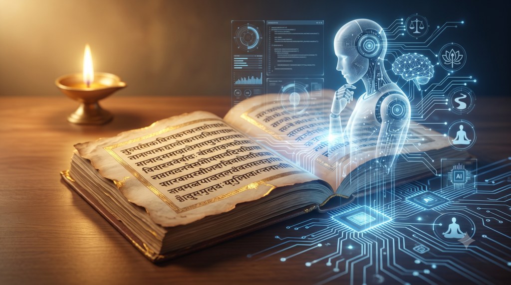 Bhagavad Gita and artificial intelligence concept combining ancient Indian wisdom with modern AI technology